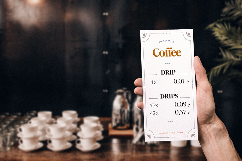 A menu from a coffee bar. One drip of coffee for 0,01ct. 10 drips for 0,09ct. | Micropayments for the Coffee — Felix Kuchar based on stock.adobe.com